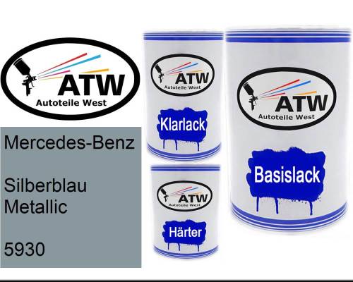 Mercedes-Benz, Silberblau Metallic, 5930: 500ml Lackdose + 500ml Klarlack + 250ml Härter - Set, von ATW Autoteile West.